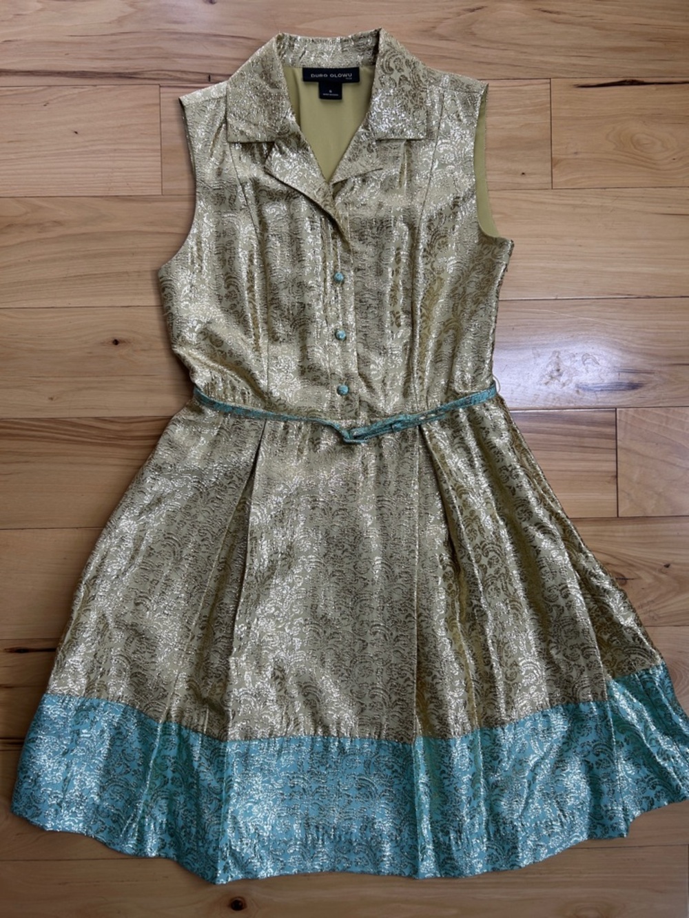 Duro Olowu Gold and Mint Green Metallic Fit-and-Flare Dress | Size 6